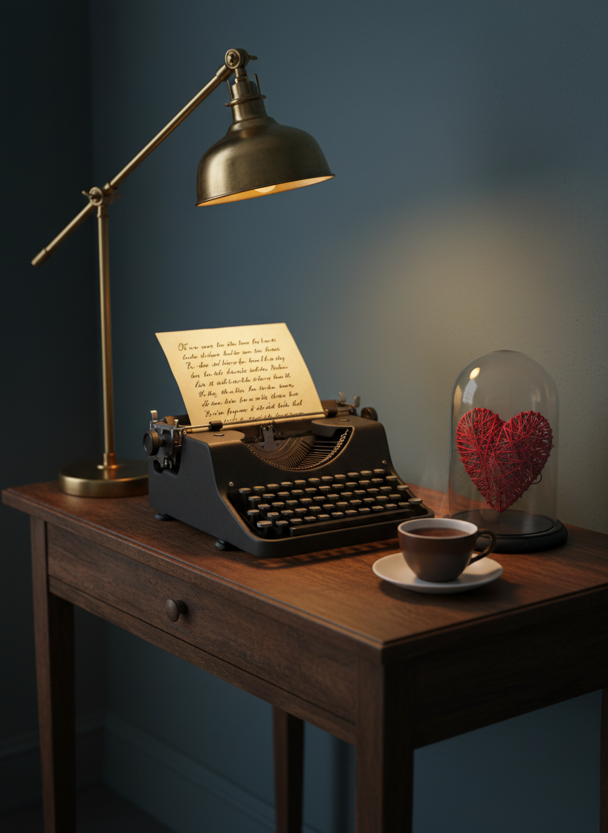 A narrow antique wooden writing desk stands against a muted slate-blue wall, its surface occupied by a vintage typewriter in deep matte black. A single sheet of slightly yellowed paper emerges from the roller, filled with dense, elegant lines of poetry in dark ink. Beside it, a small glass dome encases a preserved, stylized heart fashioned from intertwined red threads. A half-finished cup of dark tea sits on a porcelain saucer. Warm lamplight from a brass desk lamp pools across the desk, leaving the background in soft shadow. Photographic realism, shot from a three-quarter angle, with a shallow depth of field and a calm, contemplative mood suited for thoughtful literary reflection.