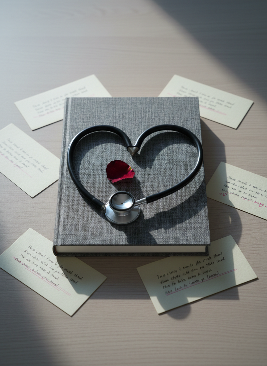 A finely crafted stethoscope with brushed steel and matte black tubing is coiled in the shape of a stylized heart atop a textured charcoal notebook. Around it lie scattered ivory index cards, each faintly printed with blurred fragments of poetry and subtle red ink annotations. The setting is a minimalist wooden tabletop with a single dried rose petal near the stethoscope’s diaphragm. Soft, cool morning light streams in from an unseen window, creating gentle reflections on the metal and gentle shadows on the paper. Photographic realism, captured from a slightly elevated angle with a balanced, centered composition, conveying introspection, emotional depth, and the fusion of cardiology and literature.