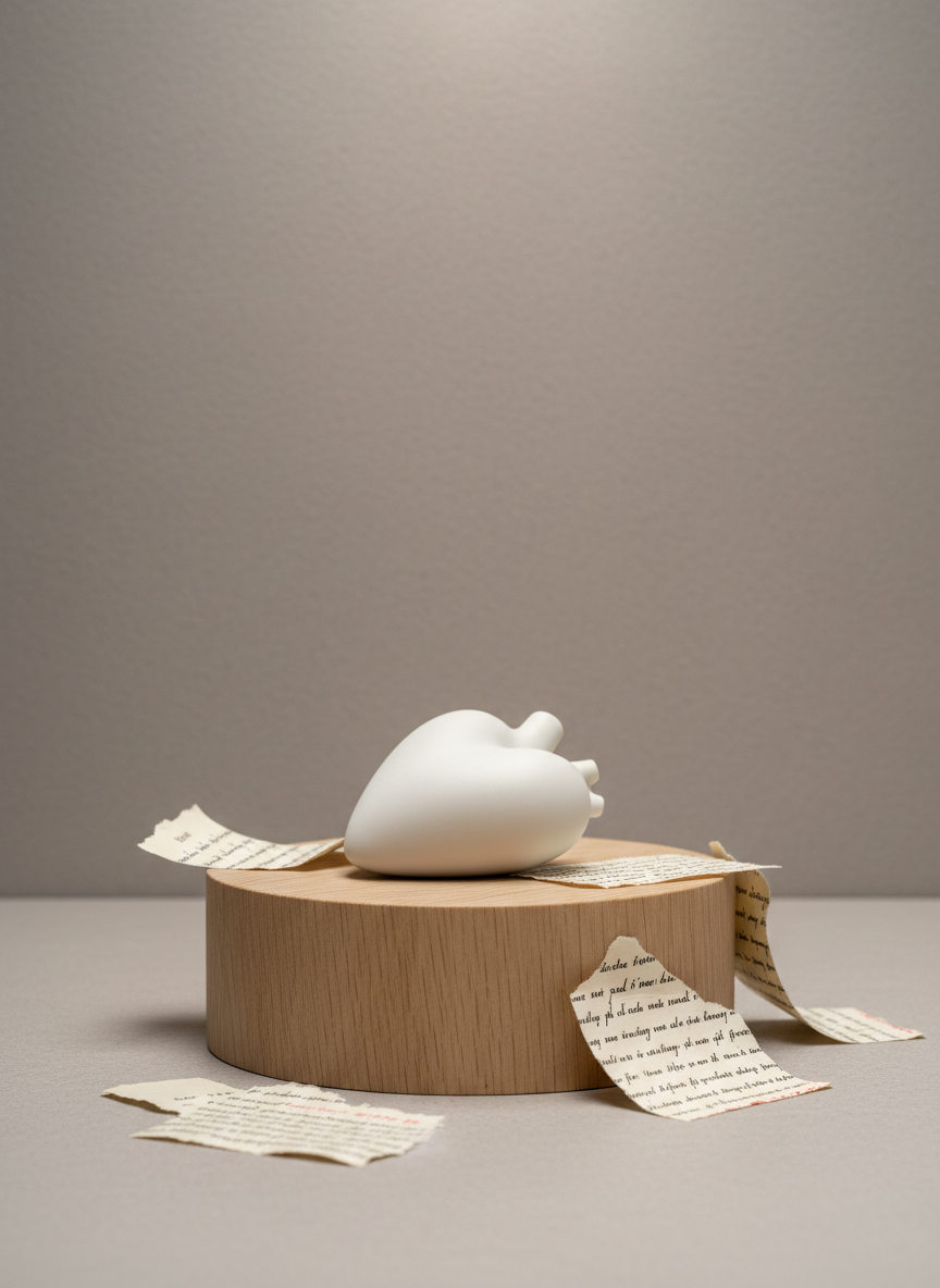 An elegant, minimalist still life of a matte white porcelain heart sculpture, smooth and slightly abstract, positioned on a low pedestal made of pale oak. Surrounding the heart are scattered fragments of torn, cream-colored paper bearing blurred lines of poetry in deep black and subtle red ink. The background is a softly textured, warm gray wall. Gentle, diffused overcast light enters from above, creating delicate shadows and a serene, gallery-like ambience. Photographic realism, shot at eye level with ample negative space and a shallow depth of field. The composition feels refined and intellectual, symbolizing the distilled essence of emotion, narrative, and commentary at the core of the poetry site.