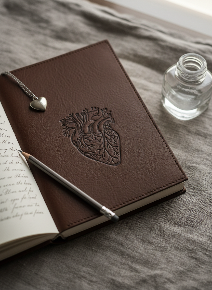 A close-up of a richly textured, dark leather-bound journal embossed with a subtle heart motif made of fine, branching lines resembling coronary arteries. The journal lies slightly open on a stone-gray linen cloth, revealing creamy, unlined pages with faint, blurred traces of handwritten verse. A slim silver bookmark peeks out, ending in a tiny metallic heart charm. Nearby, a glass inkwell reflects soft, diffused afternoon light streaming from the right, while a graphite pencil rests diagonally across the pages. Photographic realism, captured from a top-down angle with the journal placed according to the rule of thirds. The atmosphere is intimate, sophisticated, and quietly emotional, inviting private reflection and heartfelt writing.