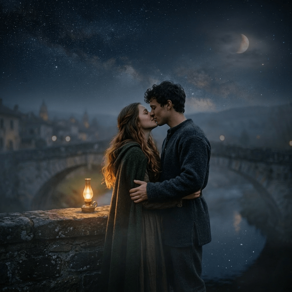 Couple kissing on a stone bridge under a starry night sky with crescent moon and lantern