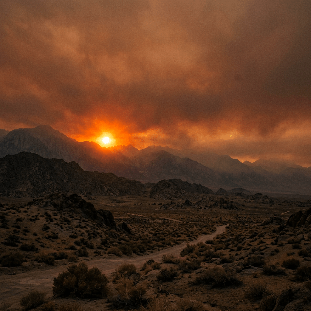 Sunset behind mountain range with rocky desert terrain in foreground